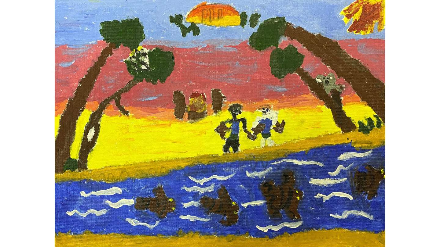 student painting of the land and river with two people
