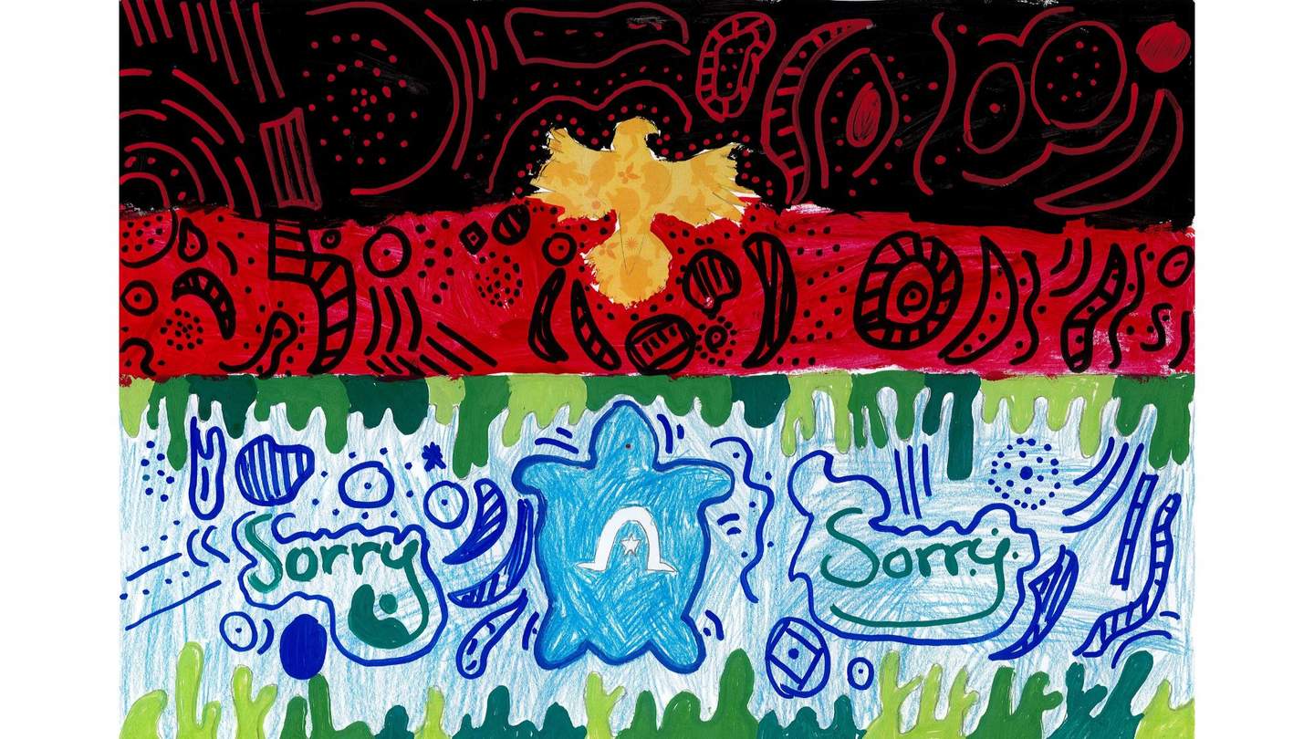 Aboriginal flag and Torres Strait Islander flag with word sorry written