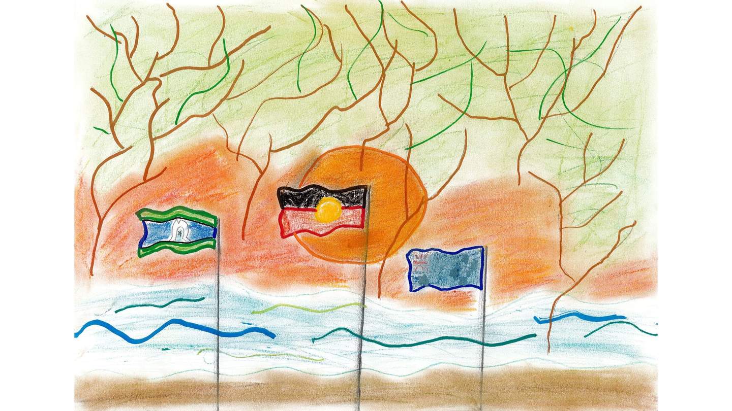 student artwork of three flags representing First Nations and Australia