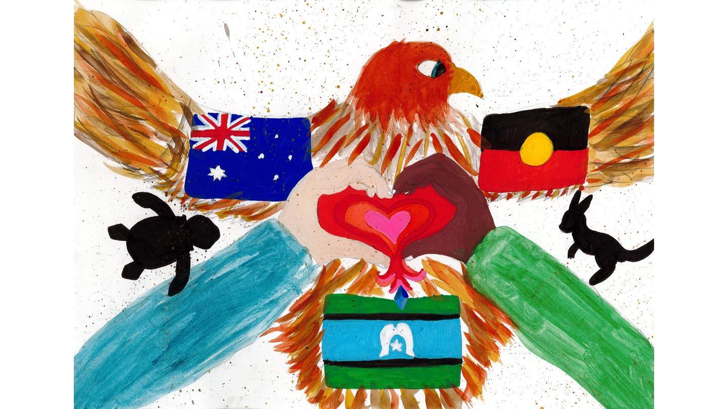 bird with different First Nations and Australian flags around hands shaping a heart