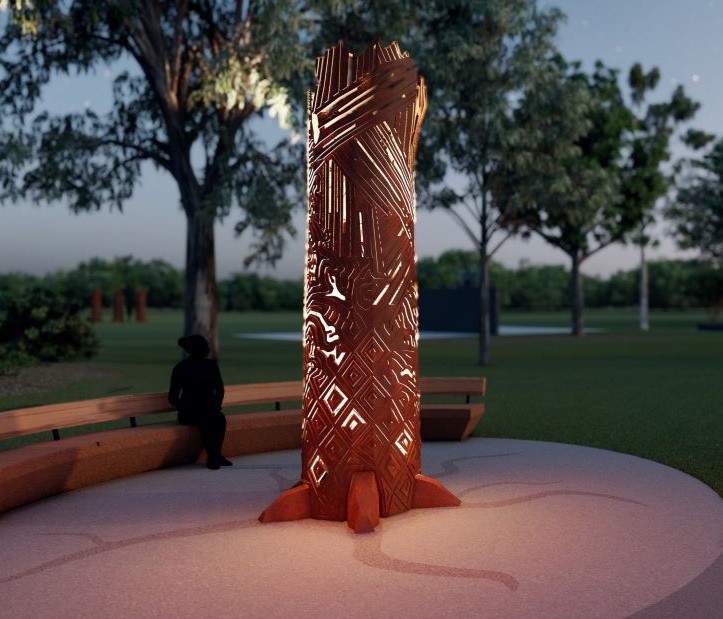 Artistic render of a new sculpture by Robert Michael Young, a Gunnai, Waradjuri, Gunditjmara and Yorta Yorta artist. The public artwork reflects the shape of a tree trunk and will acknowledge the Indigenous history of Landcox Park,