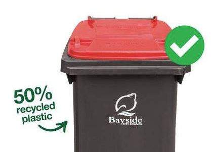 Redd lidded general waste bin with a tick and 50% recycled plastic icon 