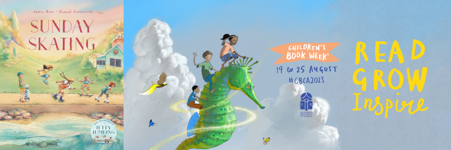 Book week banner with Sunday Skating book cover and kids on a flying seahorse illustration.
