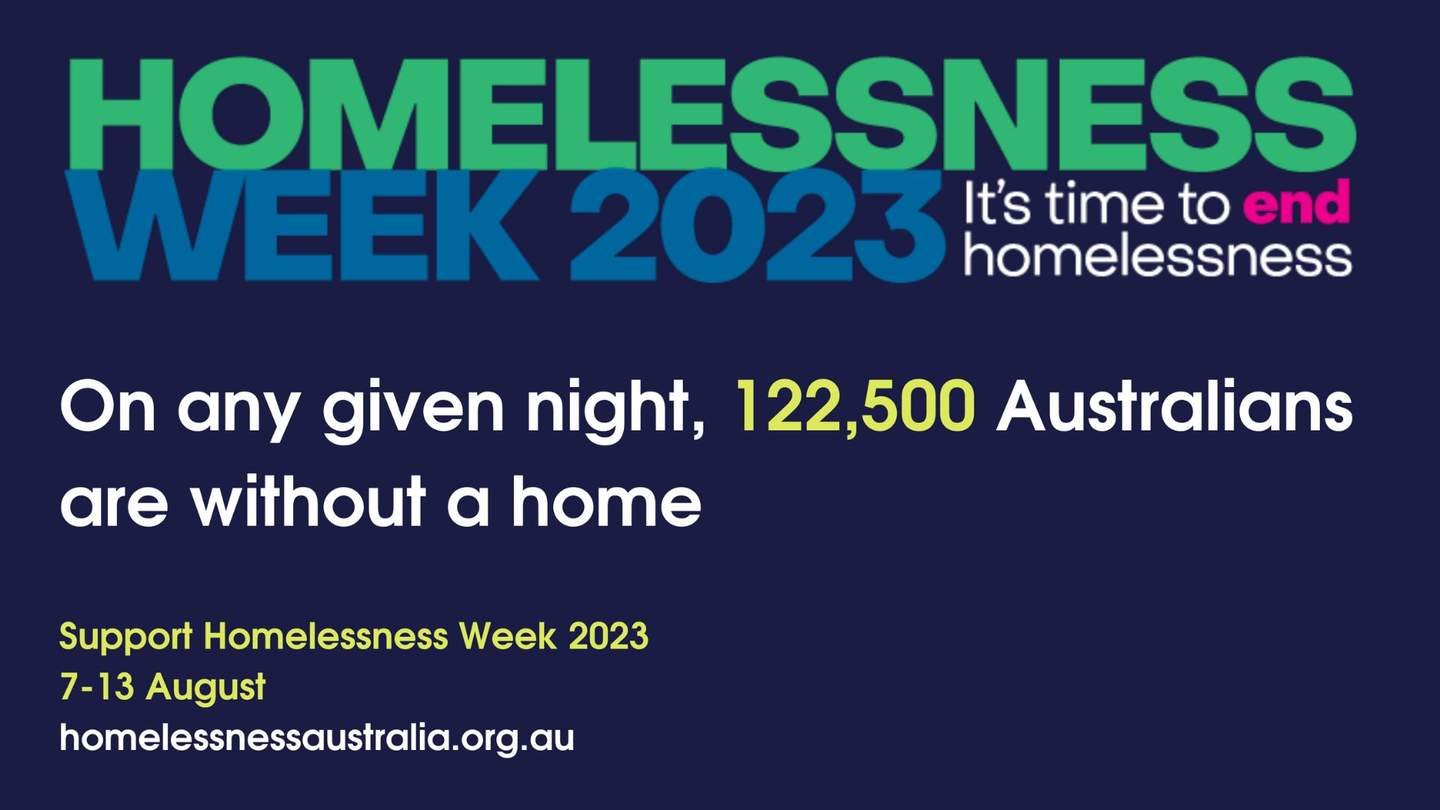 Blue banner with coloured text that reads homelessness week 2023