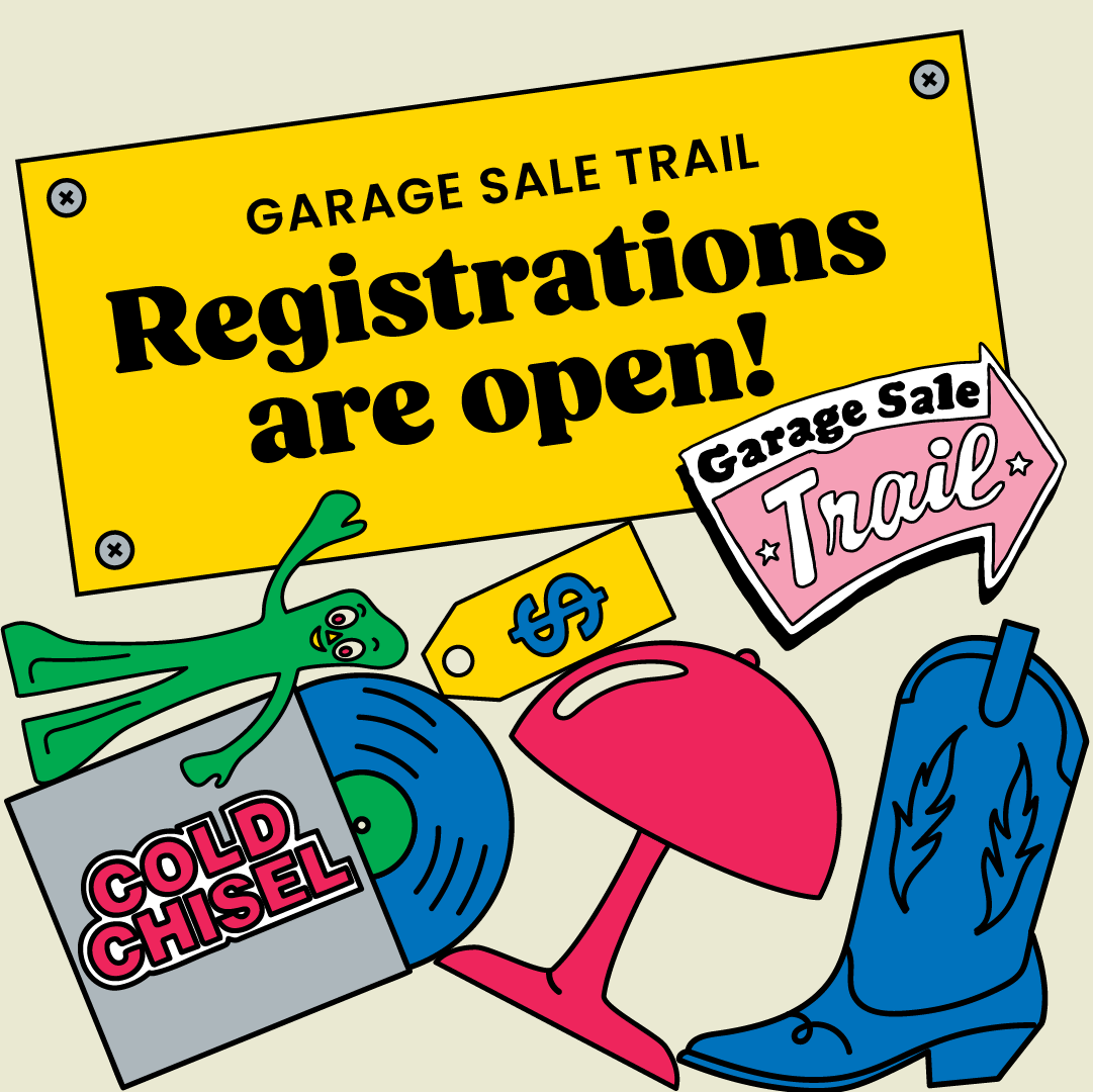 Retro style Garage Sale Trail banner with illustrations of toys, a record and a cowboy boot. Text reads Registrations now open.