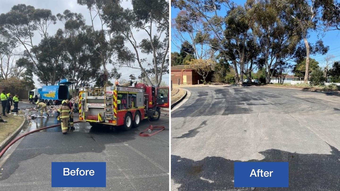 Before and after shots of a waste truck fire and the clean road.