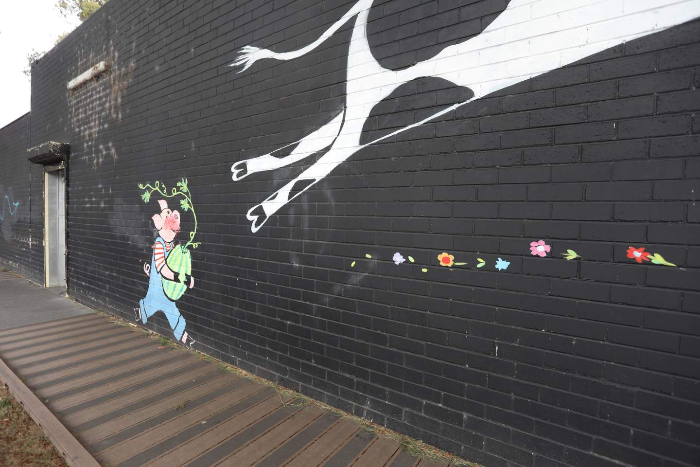 Wall mural on black background. Upright pig in denim overalls holding a vine plant in a green pot, walking towards a cow leaping into the air