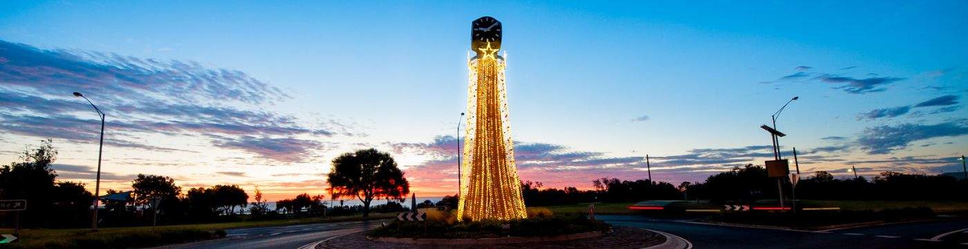 Black Rock Clock Tower lit up with Christmas lights.