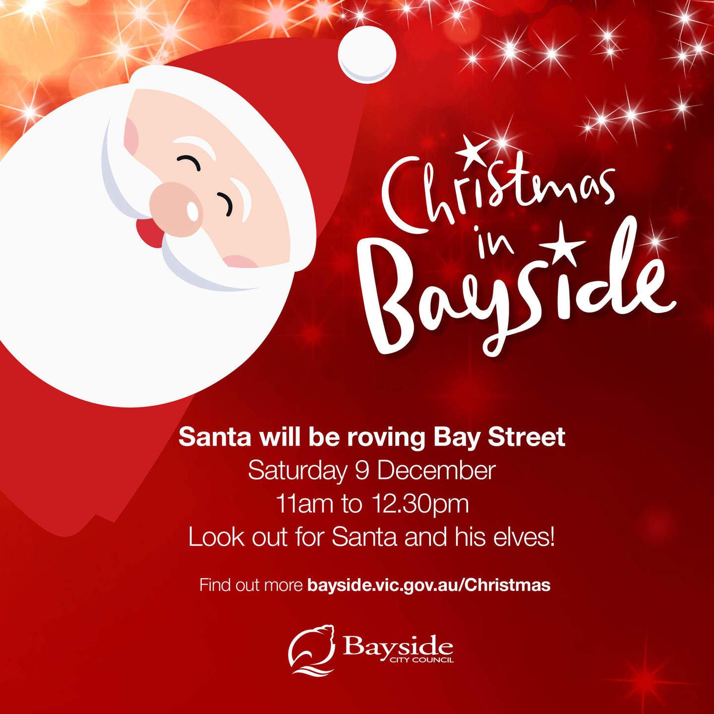Illustrated Santa - text reads Christmas in Bayside Bay Street 