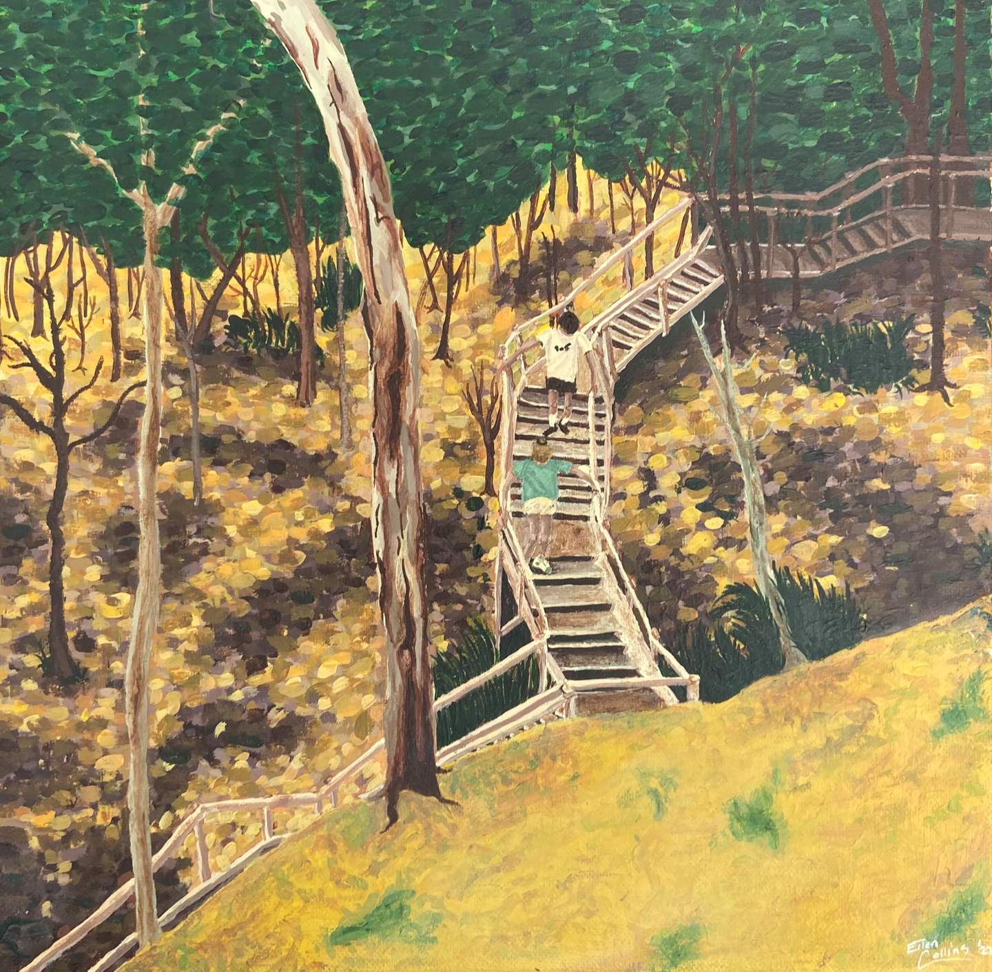 Pointelist paining of two people going down the stairs with trees in the background. Young People of Bayside Art Awards 2023, Ellen C 18 to 25 year old winner.