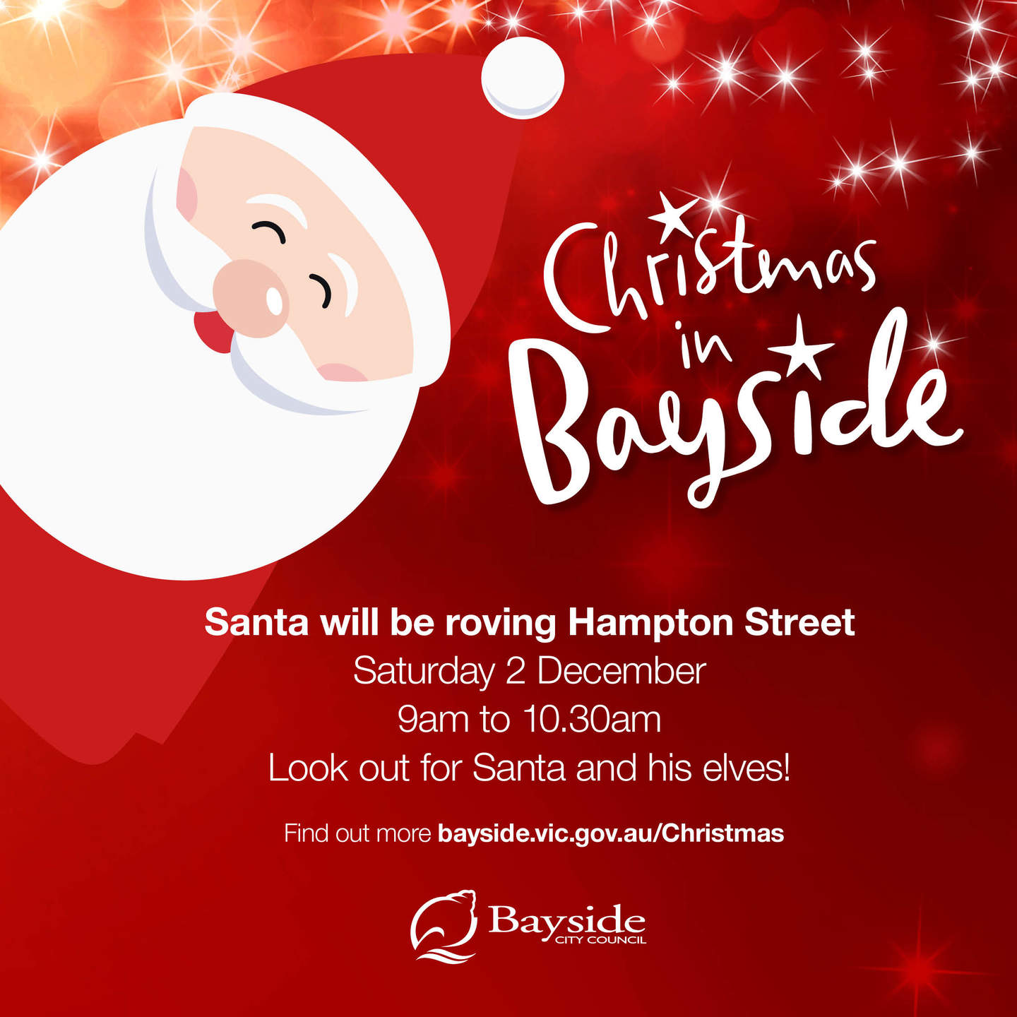 Illustrated Santa - text reads Christmas in Bayside Hampton Street 