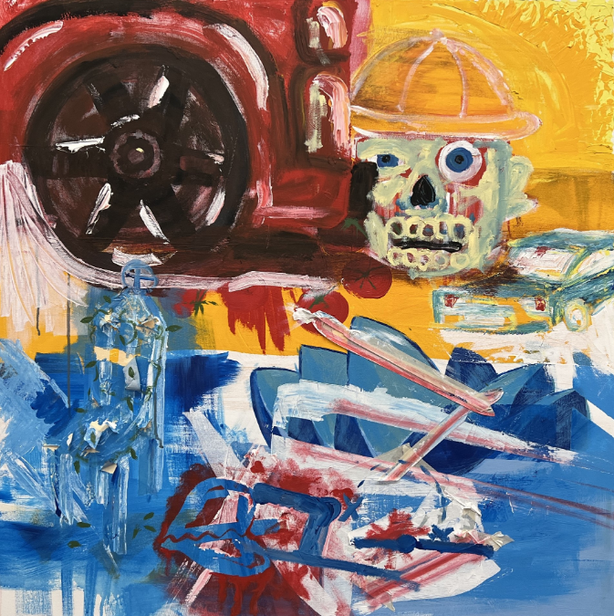 Abstract paining with blues, yellows, reds and whites with a skull in a hard hat and a wheel. young People of Bayside Art Awards 2023. Mac VDM FReeZA Committee Choice Award Winner.