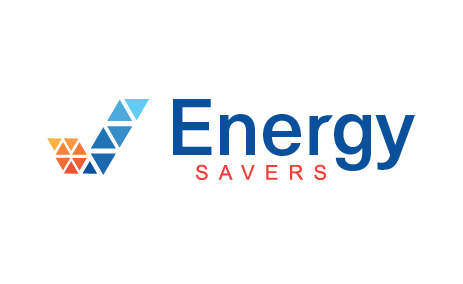 The energy savers logo is made up of lots of triangles (forming a tick yes shape) in different shades of orange and blue.