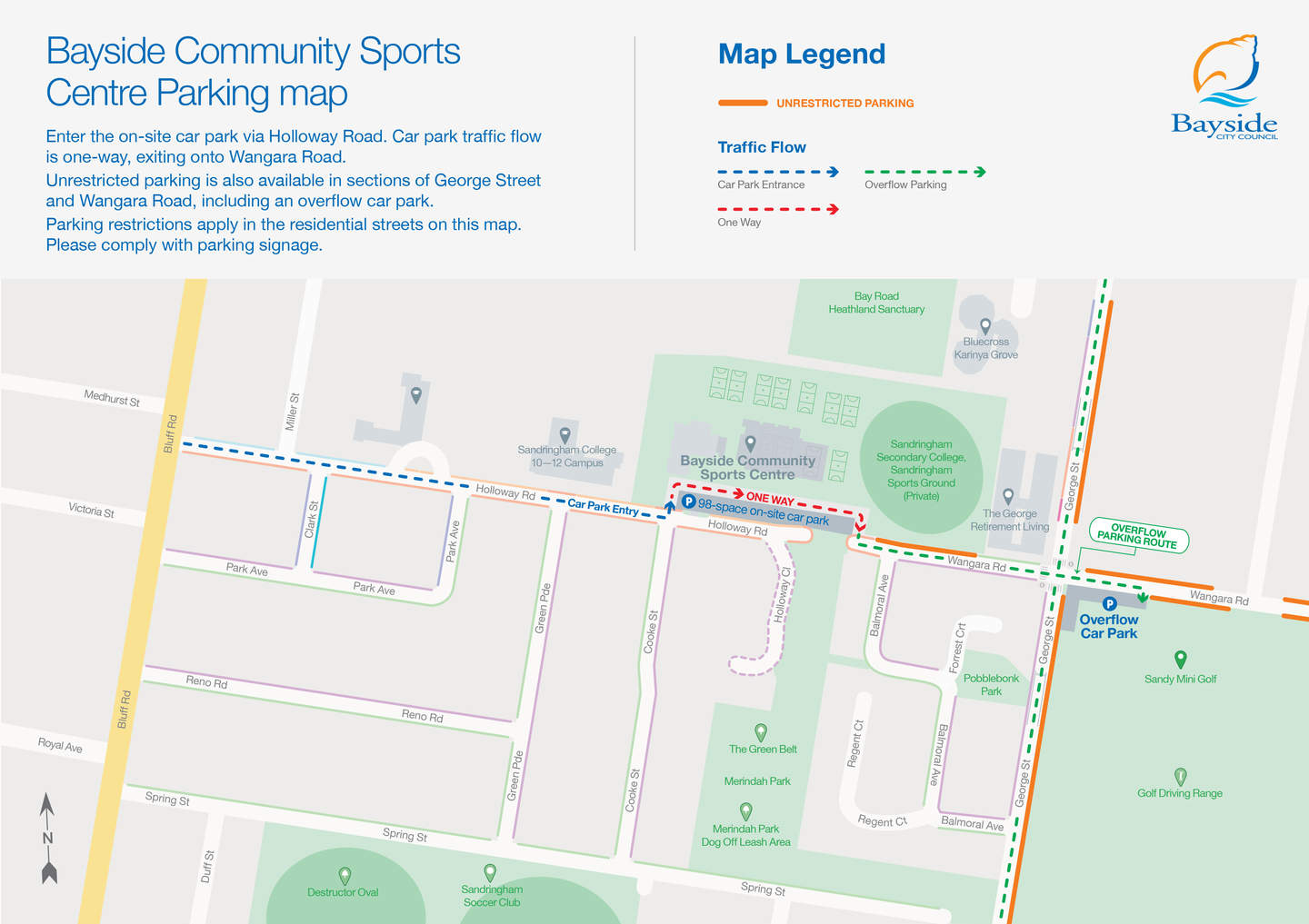 Bayside Community Sports Centre traffic flow and parking map