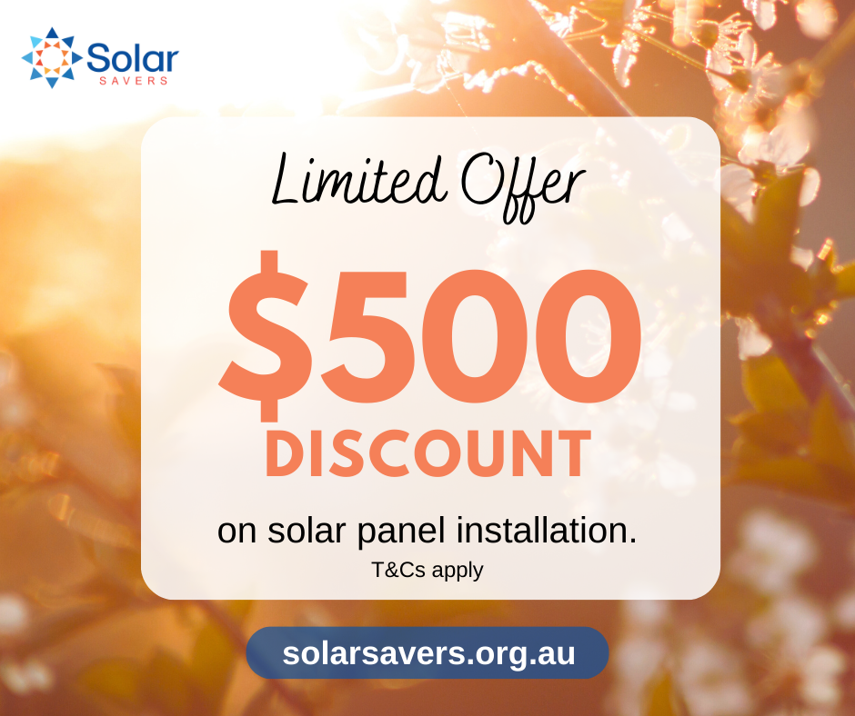 A close up image on trees in sunset, with the Solar Saver logo in the top right corner, and the words "Limited offer - $500 discount on solar panel installation. T&C's apply" on a grey background. 