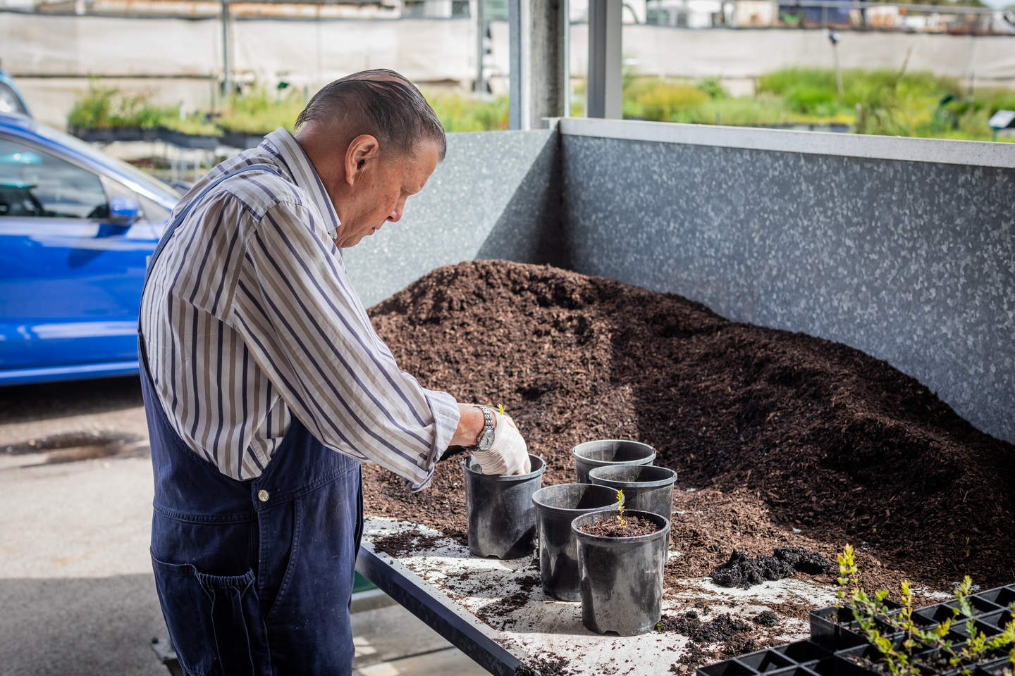 Person filling small black buckets with soil