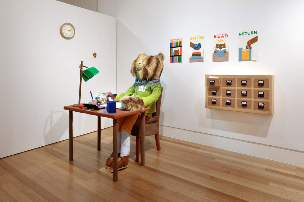 A large toy bear is a 'libearian' in Cat Rabbit's A Soft Library exhibition