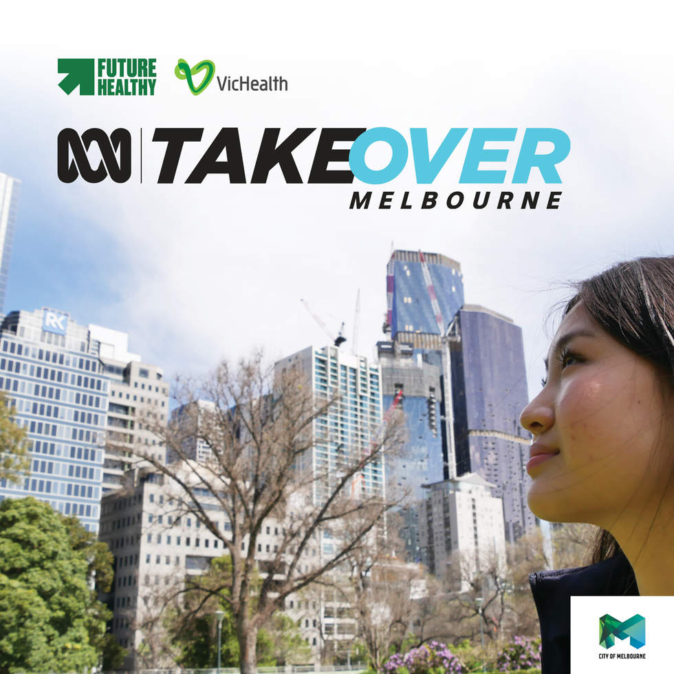 Takeover Melbourne banner with teenager in the city looking at buildings in the distance