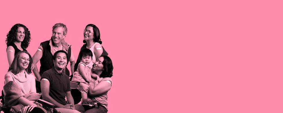 Six adults and one baby smiling. They have Band-Aids on their arms and have recently received their vaccinations. The background is pink.   