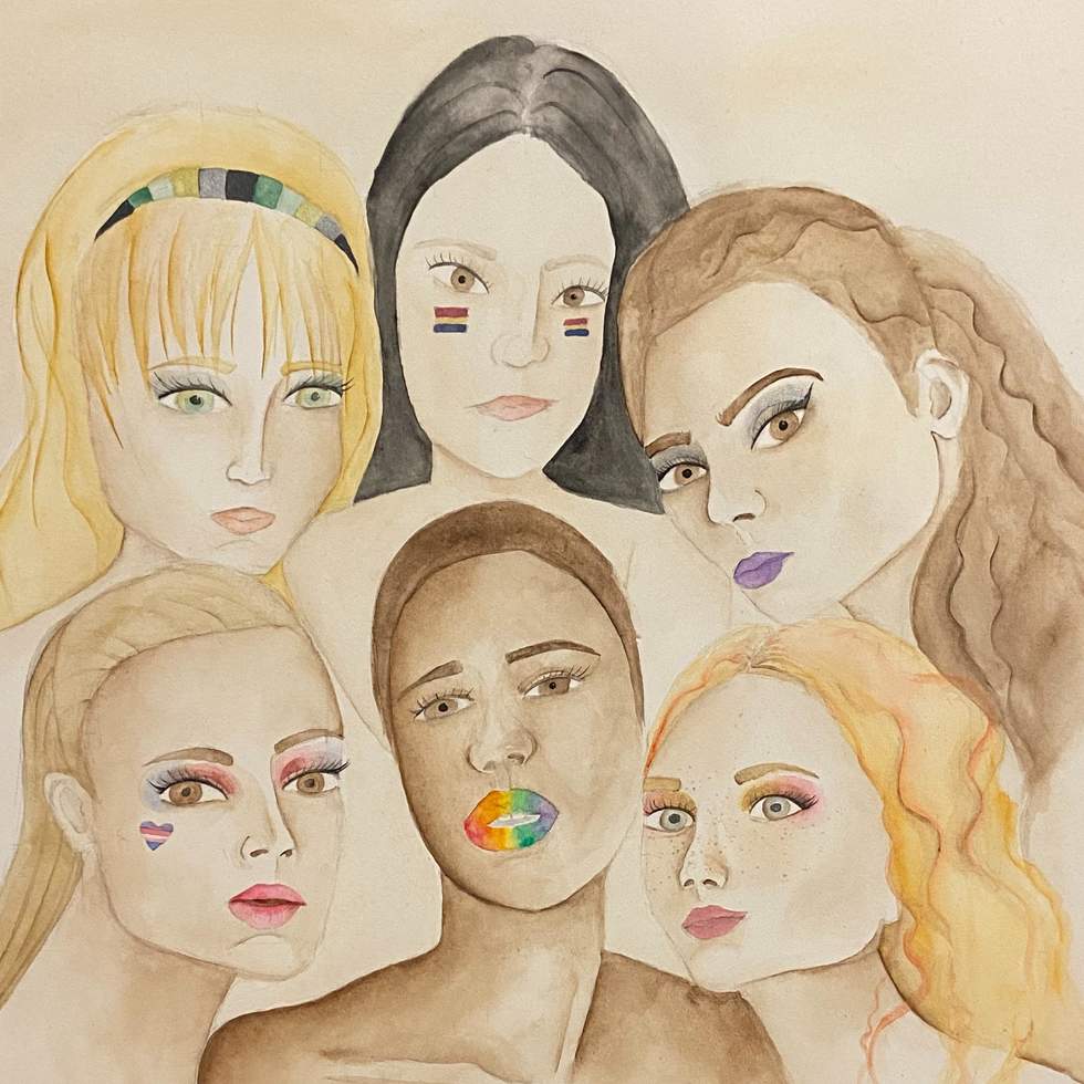 Pencil drawing of 6 women