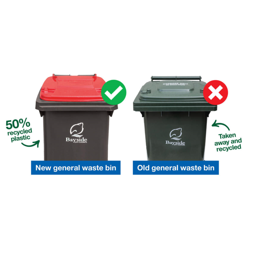 new red lid black bodied general waste bin with tick next to old dark green general waste bin with cross