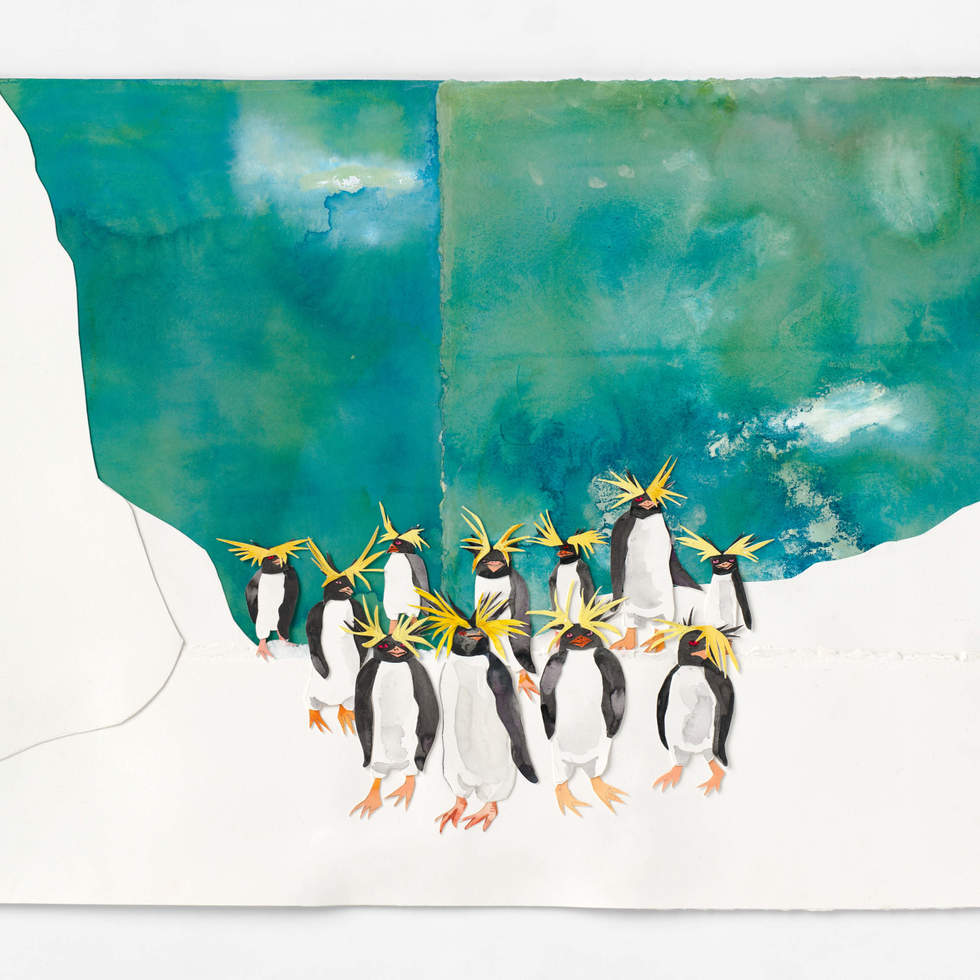Tai Snaith, We belong together (Macaroni penguins) 2022, gouache and ink on cotton rag, 67 x 87 cm. Courtesy the artist.