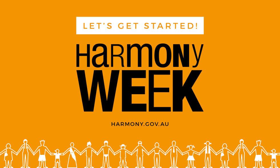 Orange banner. Text reads Let's Get Started Harmony Week