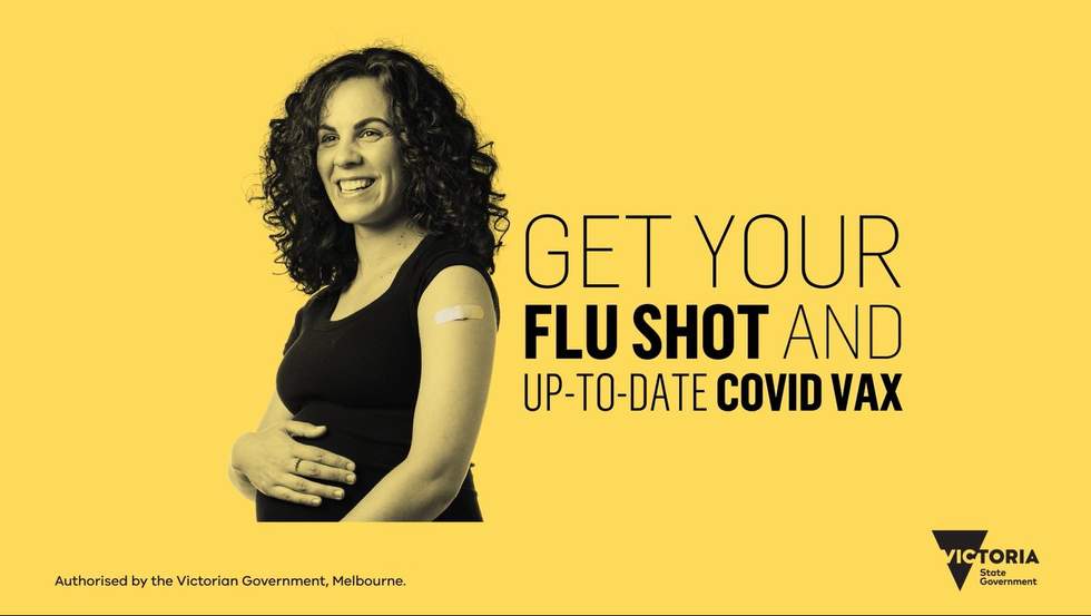 Yellow banner with pregnant woman - text reads Get Your Flu Shot and up to date COVID vax