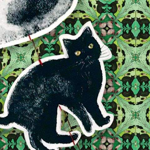 Black cat graphic against green wallpaper and in a black frame is a teacup