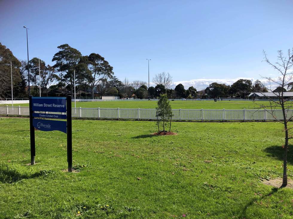 William Street Reserve sportsground on a blue sky, sunny day. Reserve sign and grass in the foreground with a white picket fence surrounding the sportsground.