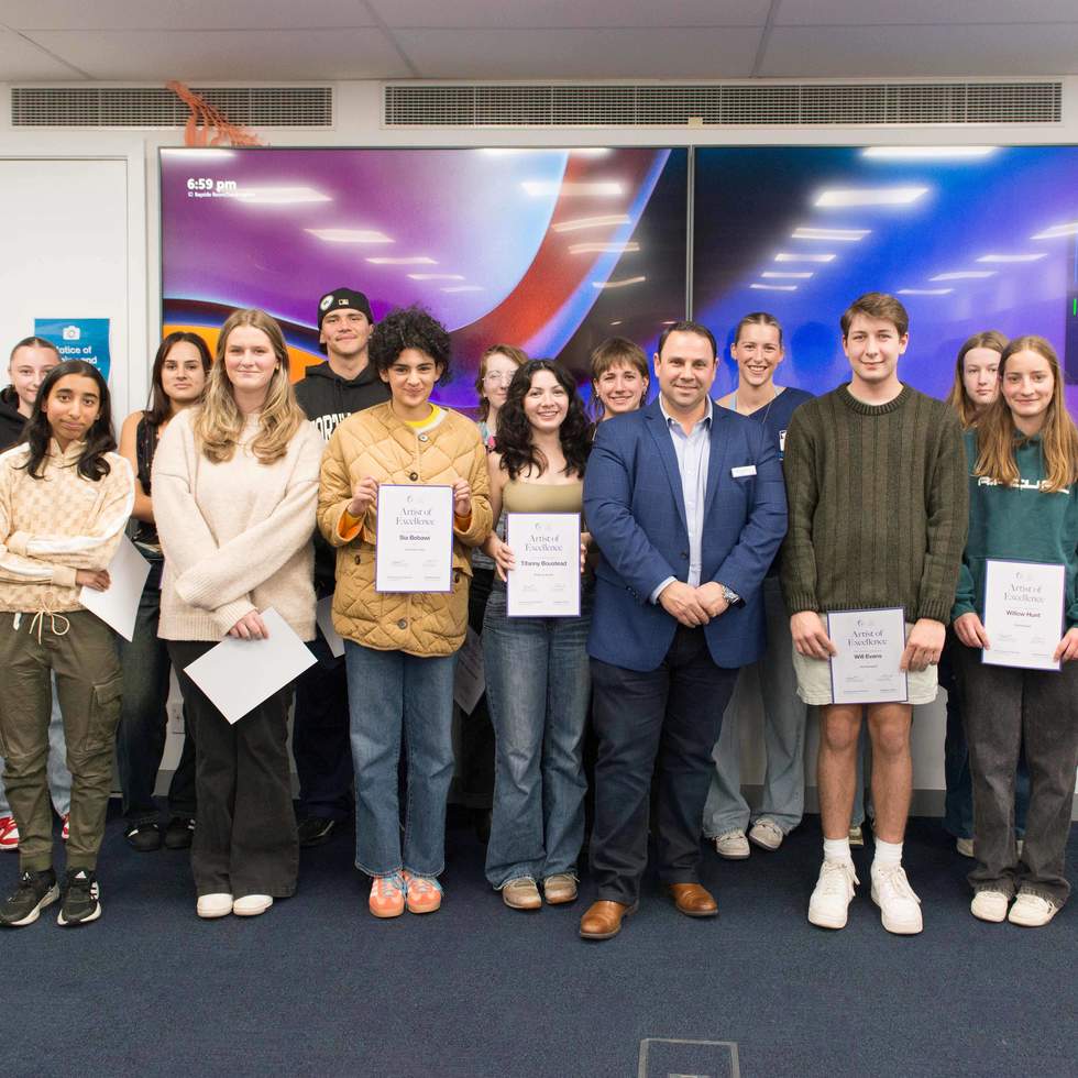 Group of 14 to 17 year olds holding certificates, pictured with the Mayor of Bayside. Young People of Bayside Art Awards 2023.