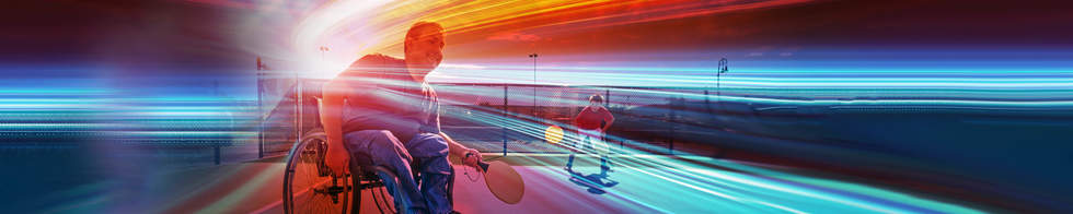 Everybody Moves hero image featuring a colourful background and a person in a wheelchair playing sport 