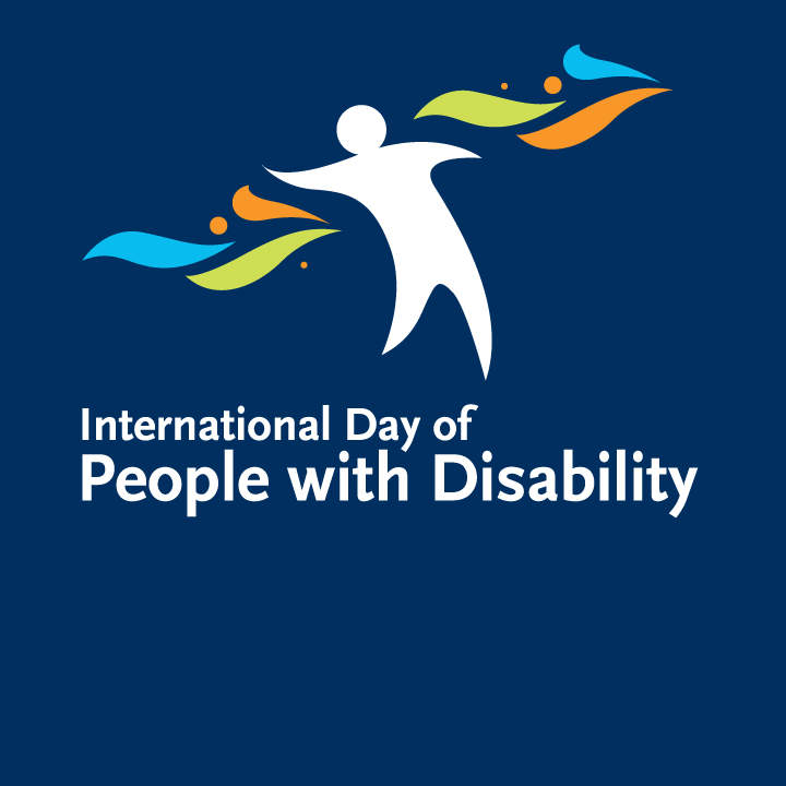 Blue banner with illustration of person. Text reads Internation Day of People with Disability.