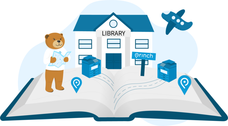 Cartoon of a open book with a building of a library popping out alongside a teddy bear