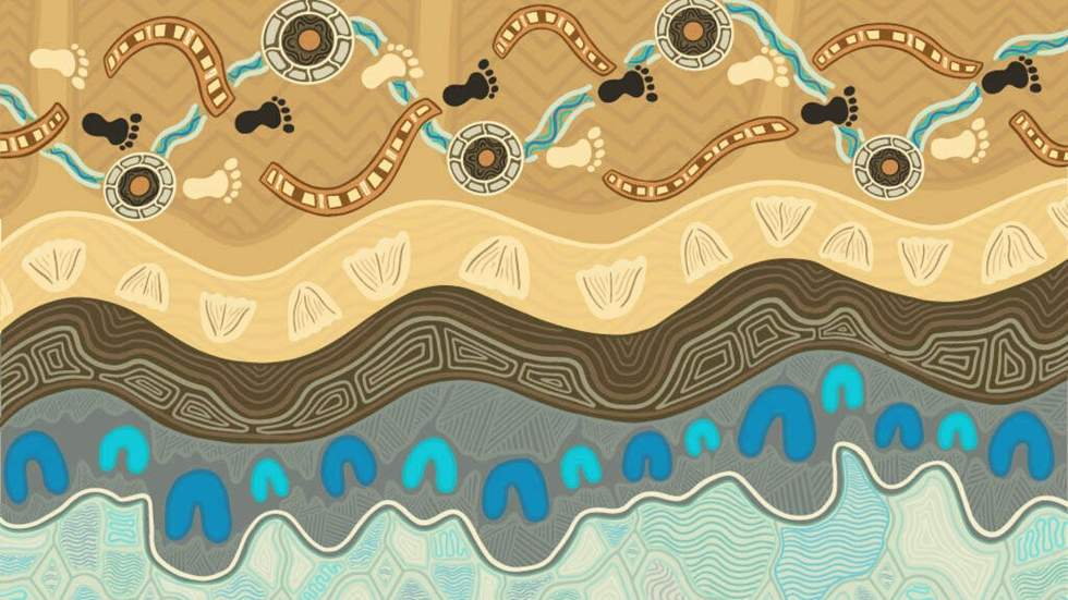 Sand and blue coloured Aboriginal art.