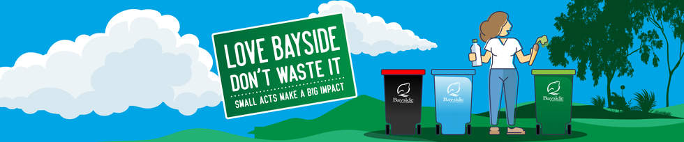 Cartoon picture of person in front of Bayside kerbside bins 