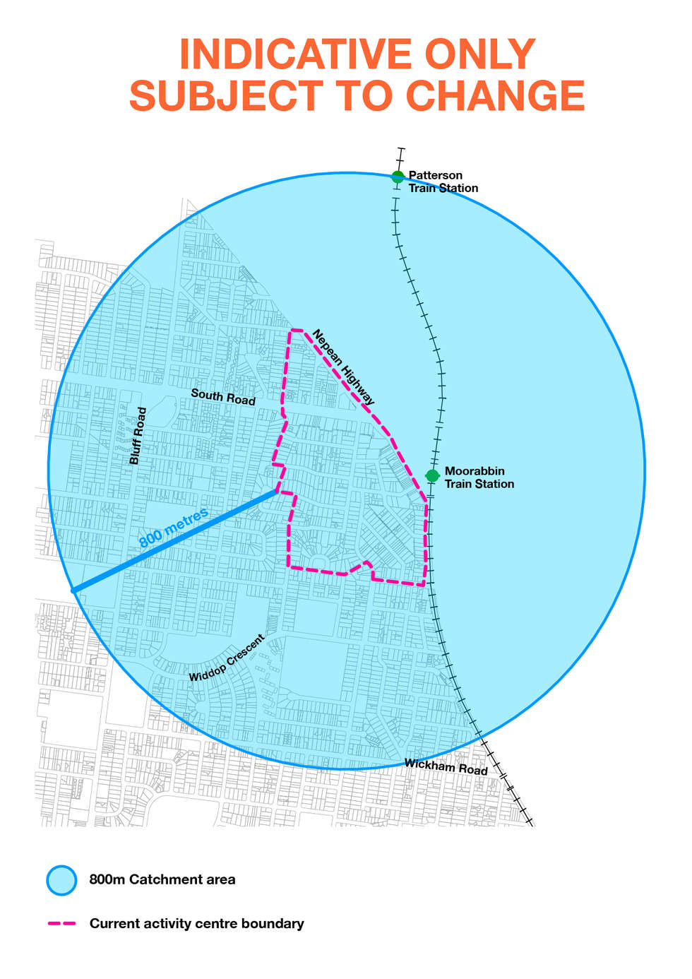 Graphic showing the current Moorabbin (Hampton East) Activity Centre boundary in pink with 800m marker showing possible expansion