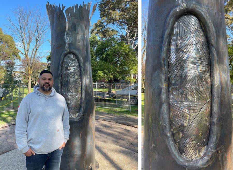 A new public art sculpture. The artwork echoes the scar trees created by Aboriginal people by removing bark for various purposes.