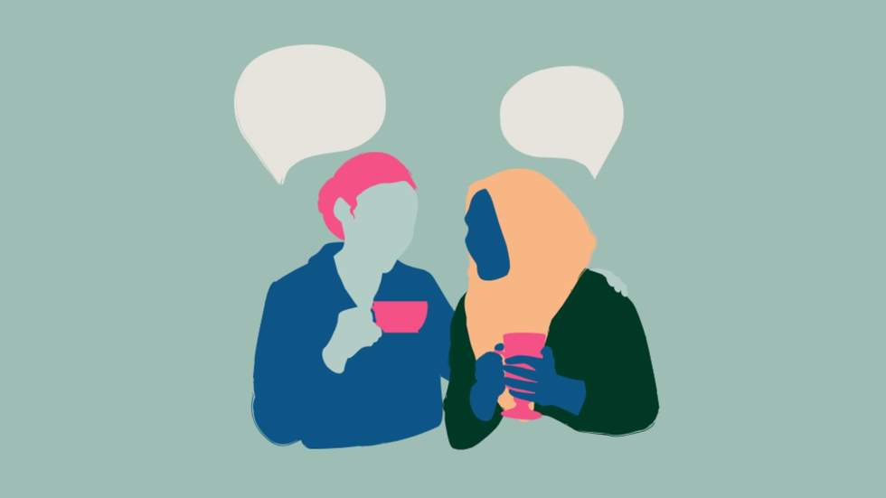 Coloured illustration of two women talking with a cuppa.